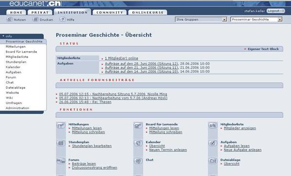 Educanet: Screenshot of the course interface «Proseminar Geschichte»